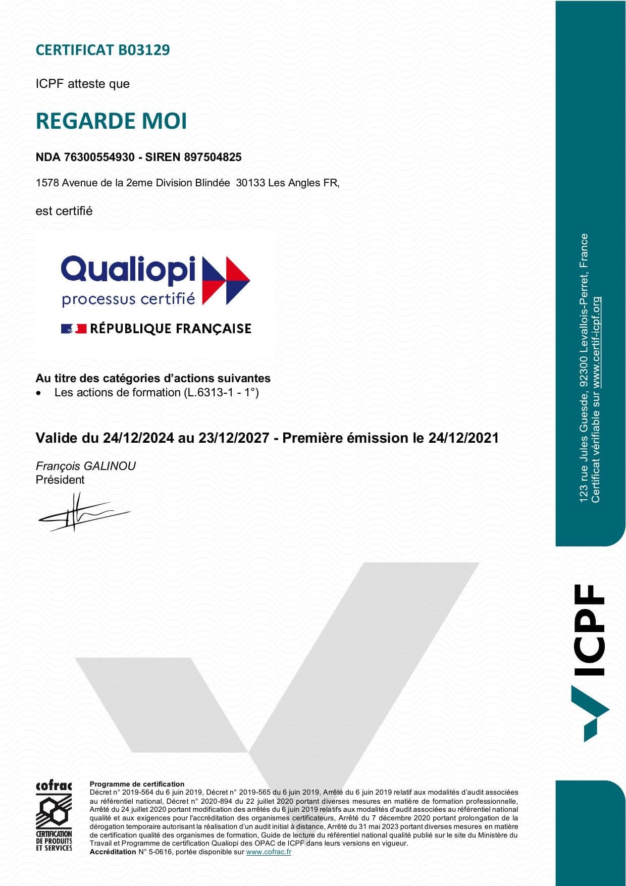 Certificat Qualiopi n° B03129 délivré à REGARDE MOI par ICPF